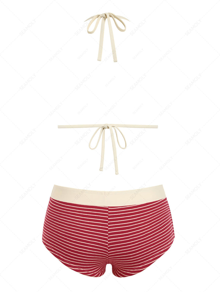 Seamolly Ribbed Striped Contrast Binding Cheeky Boyshorts Bikini Set