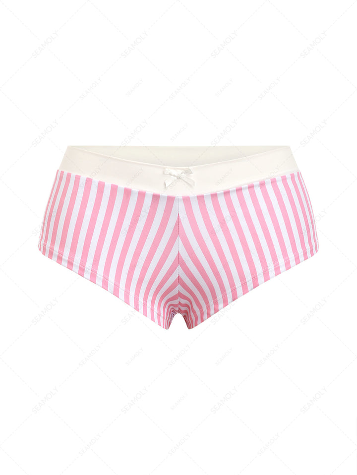 Seamolly 3 Piece Striped Lace Bowknot Triangle Brazilian Cheeky Boyshort Bikini Set