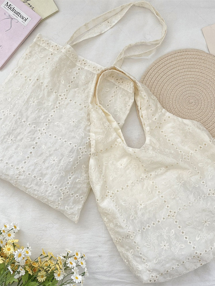 French Checkered Eyelet Floral Embroidery Vest-style Tote Bag