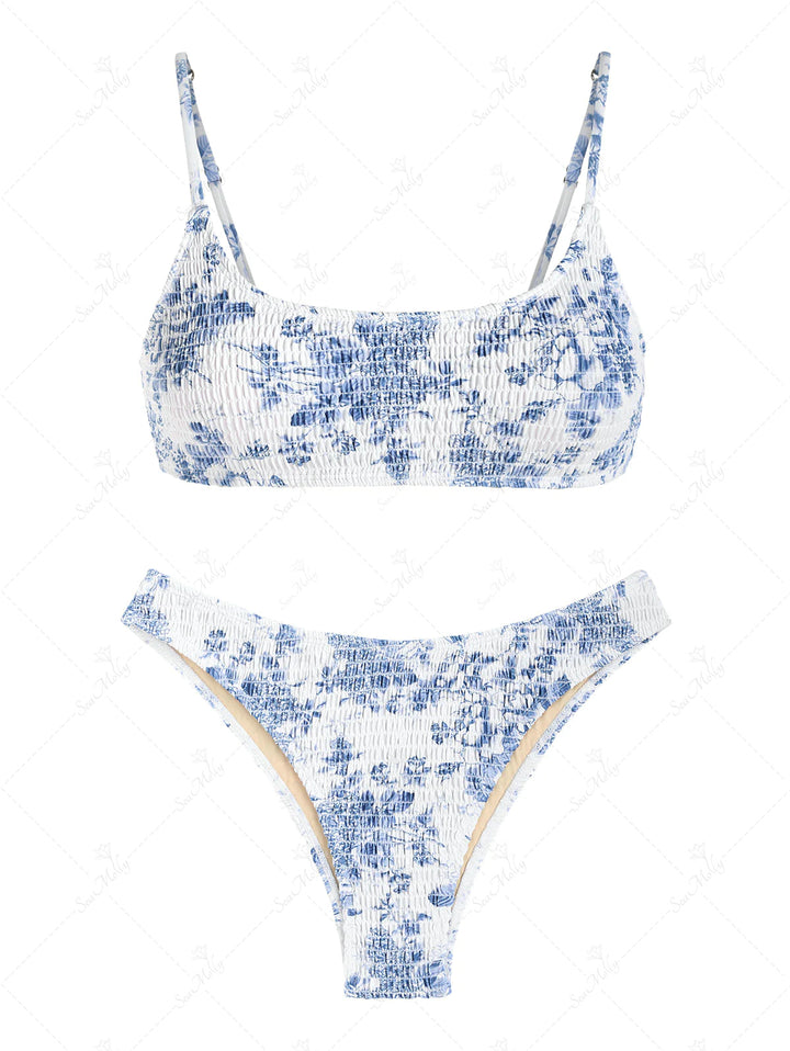 Blue Floral Shirred Smocked Tank Cheeky Bikini Set