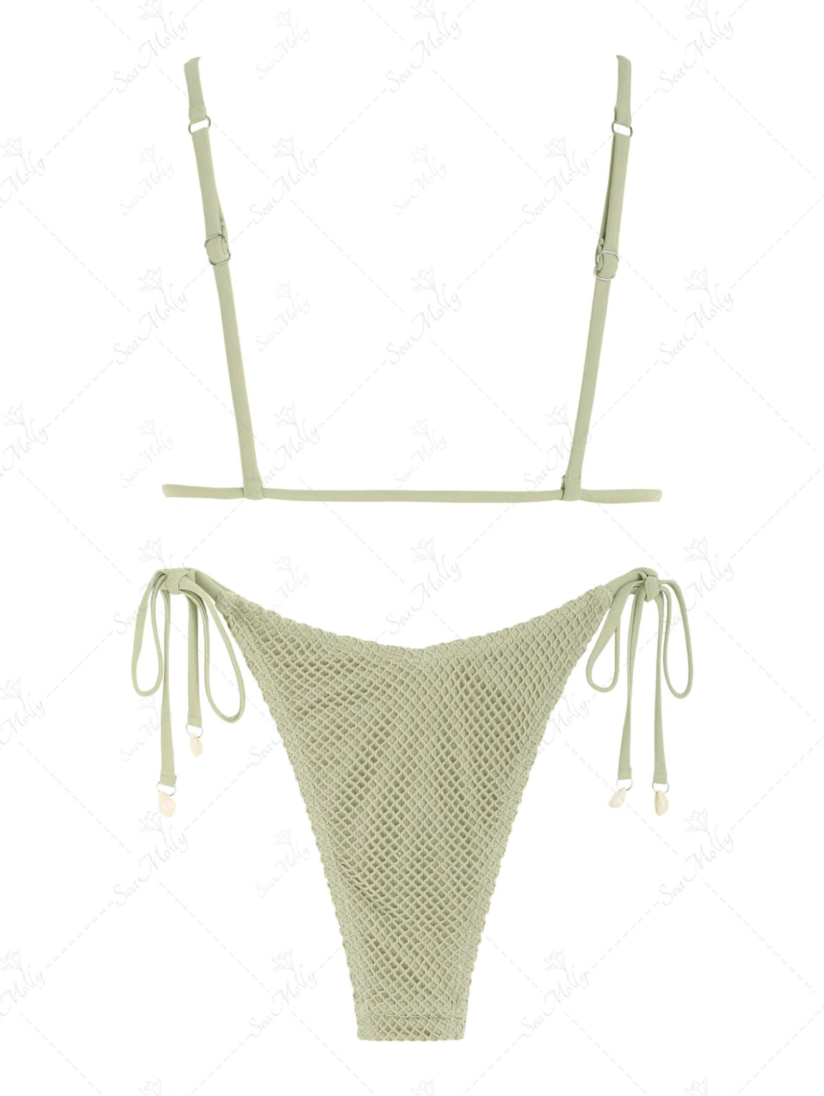 Seamolly Crochet Fishnet Mesh Tie Cami Shell Decor Tanga Bikini Set