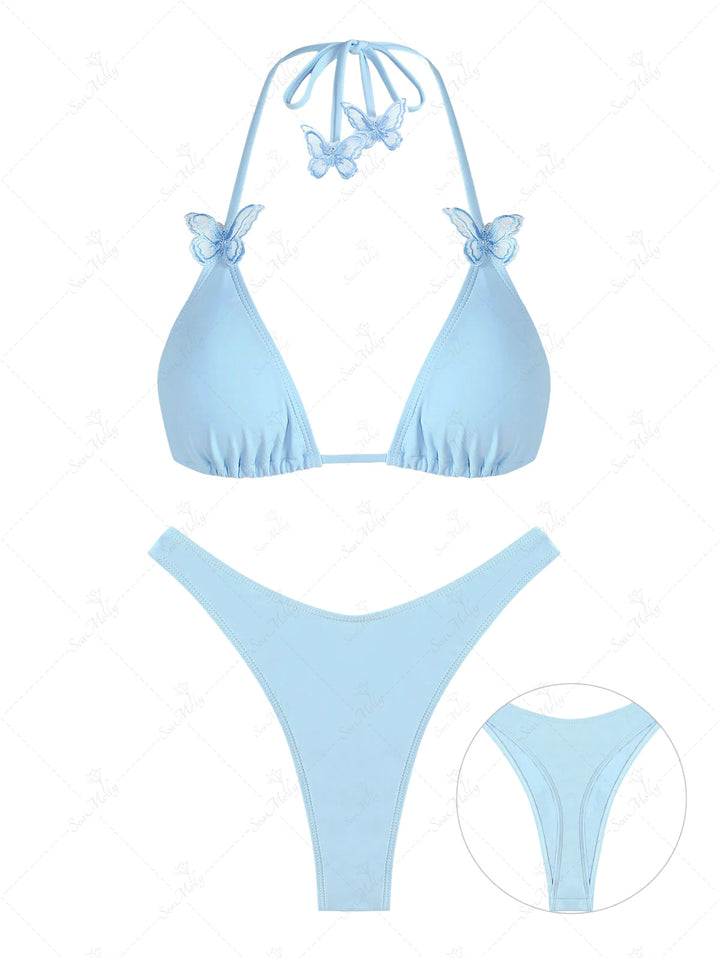 Butterfly Applique Halter Neck Triangle Ruched Thong Bikini Set