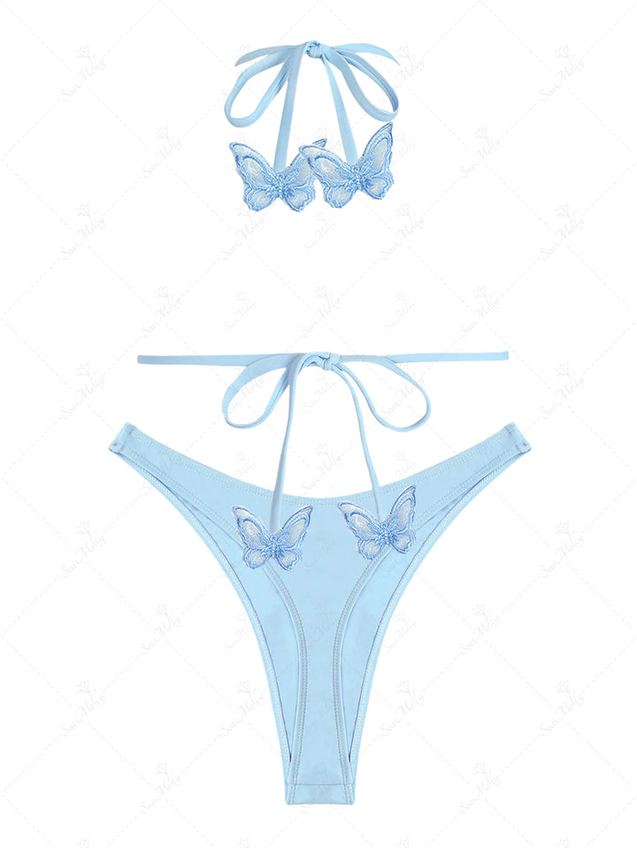 Butterfly Applique Halter Neck Triangle Ruched Thong Bikini Set