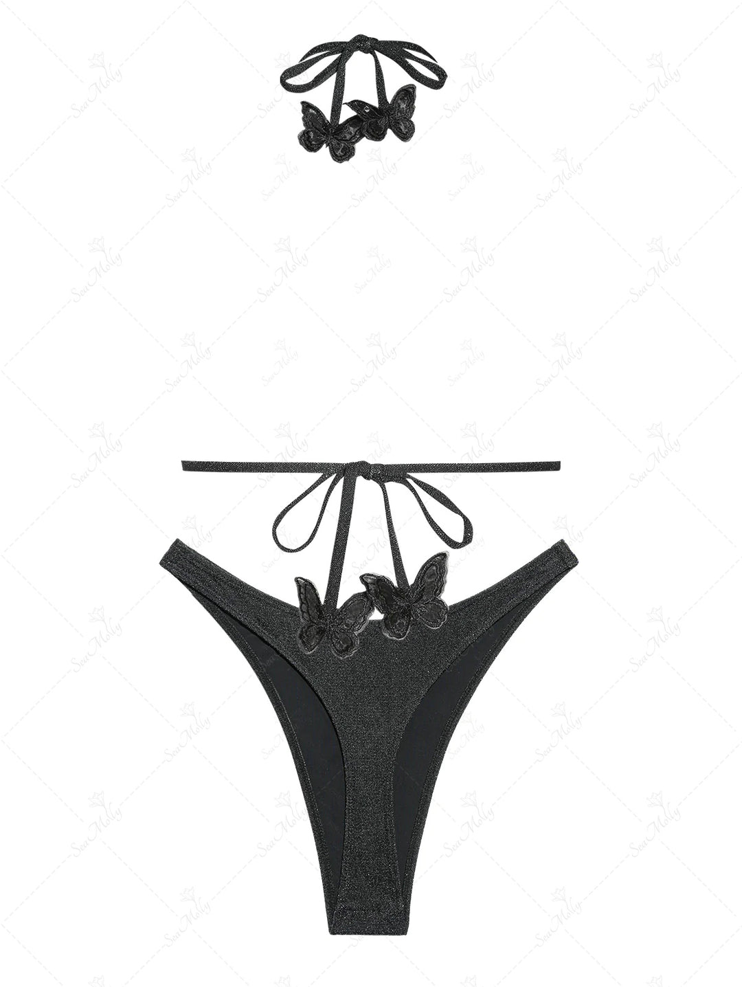 Sparkly Lurex Butterfly Applique Halter Neck Tie Triangle Ruched Thong Bikini Set