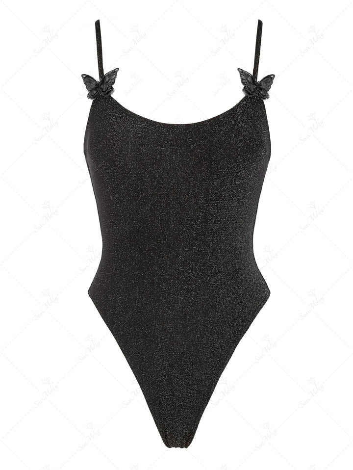 Sparkly Glitter Metallic Butterfly Backless High Leg One-piece Swimsuit