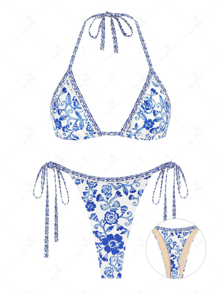 Floral Lace Insert Halter Tie Triangle Bikini Set