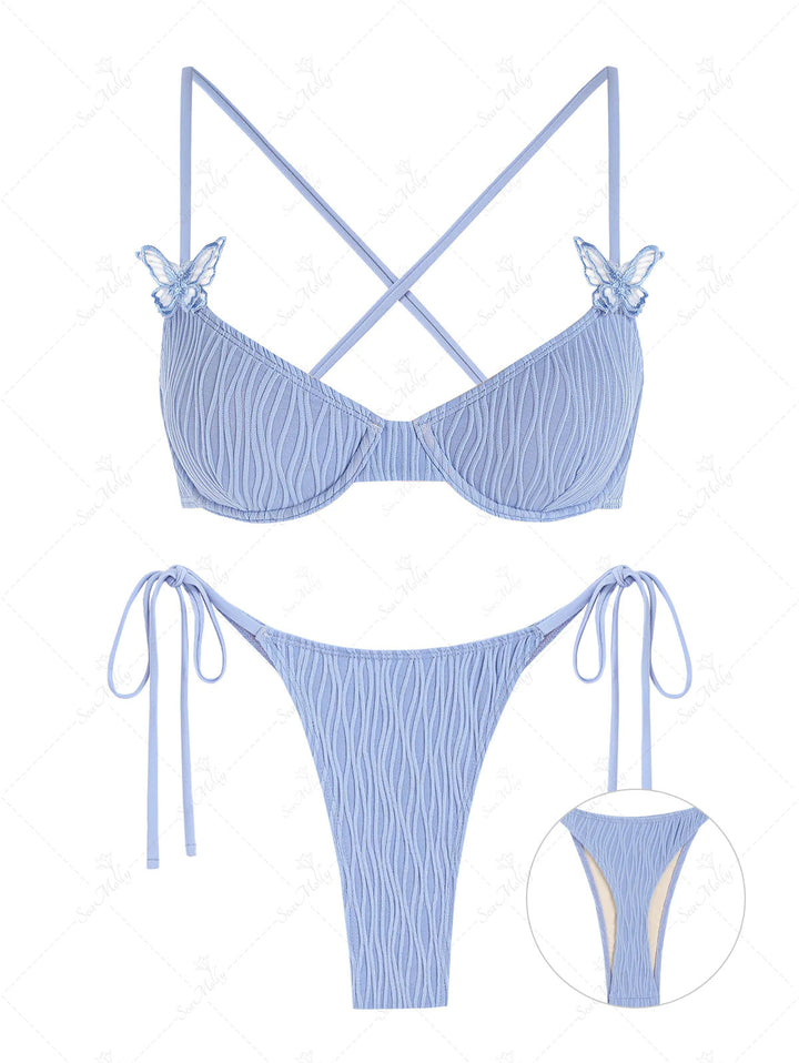 Textured Butterfly Applique Underwire String Thong Bikini Set