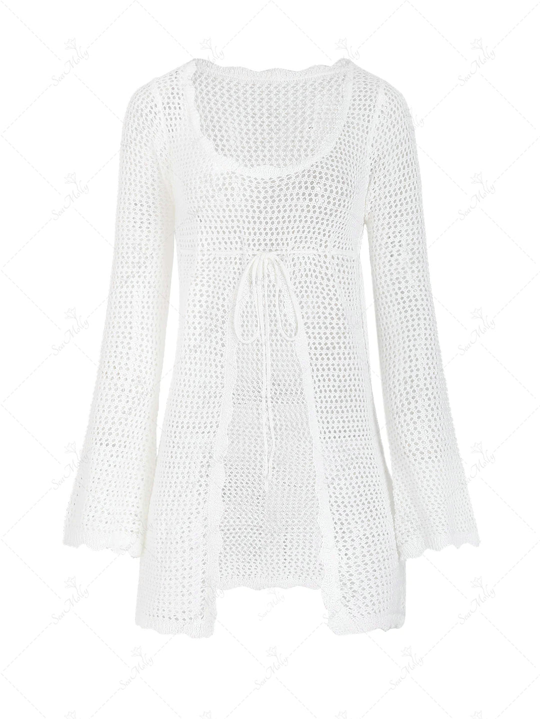 Openwork Crochet See Thru Scalloped Long Flare Sleeve Beach Cover Up Top