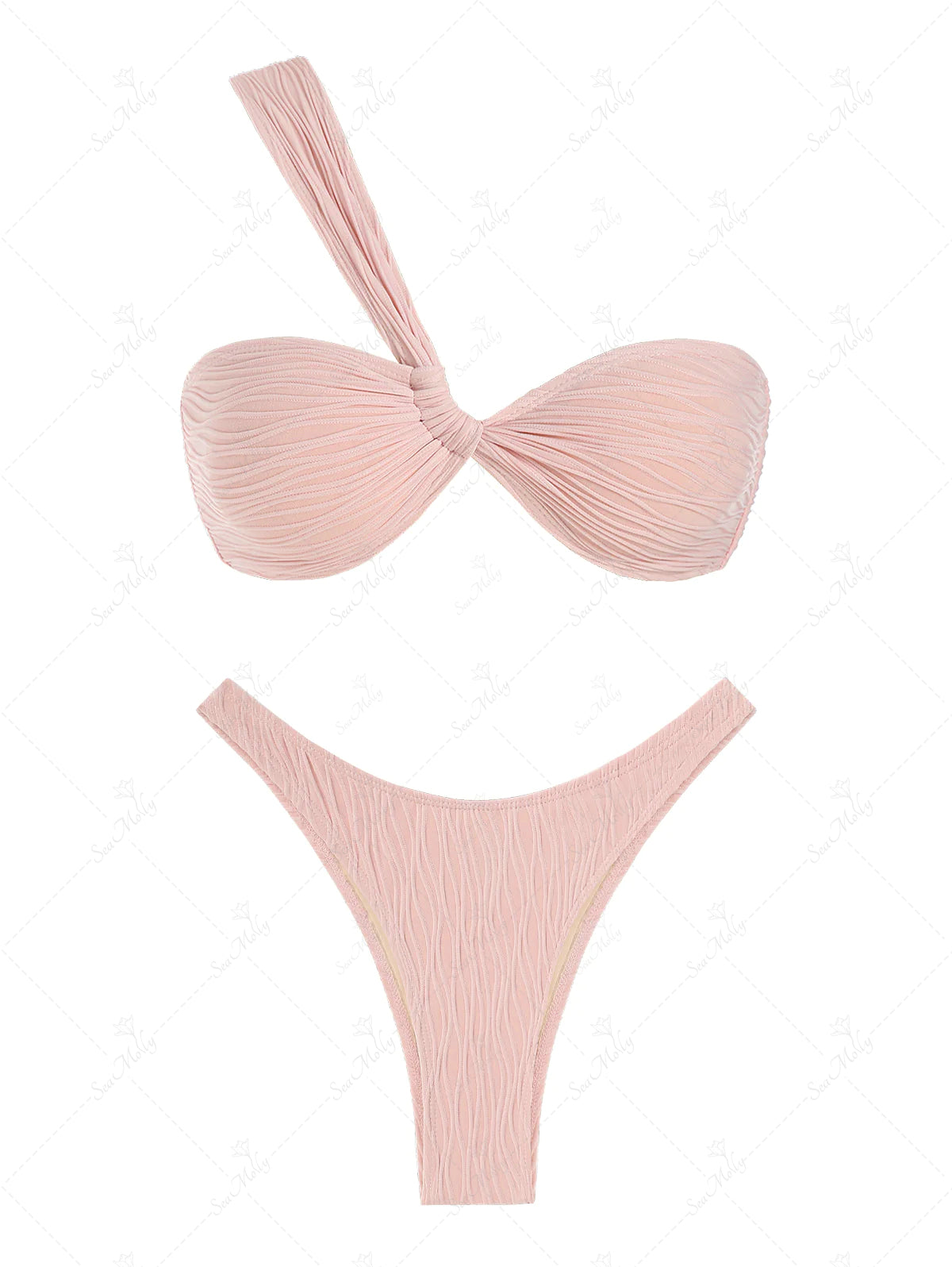 Textured One Shoulder Knot High Cut Cheeky Bikini Set