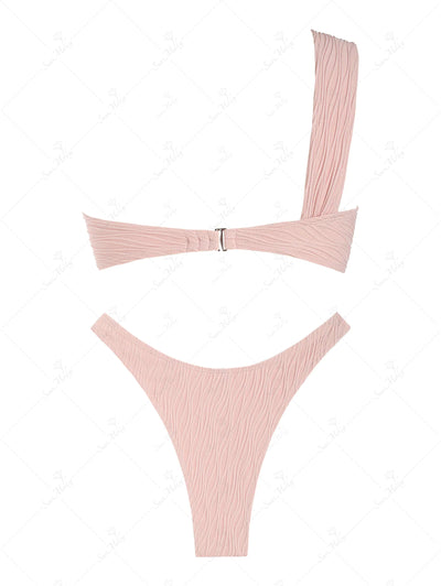 Textured One Shoulder Knot High Cut Cheeky Bikini Set