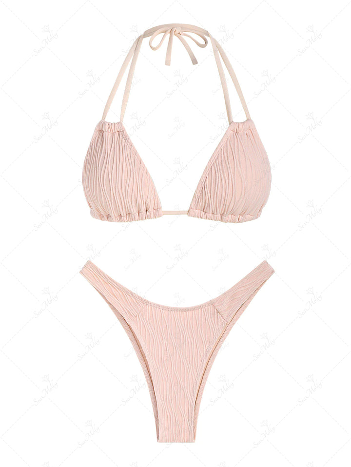 Strappy Halter Tied Wavy Textured High Cut Cheeky Triangle Bikini Set