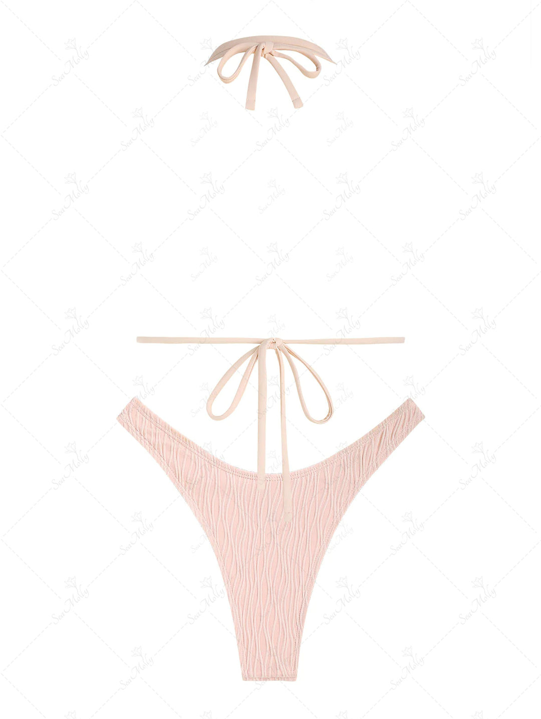 Strappy Halter Tied Wavy Textured High Cut Cheeky Triangle Bikini Set