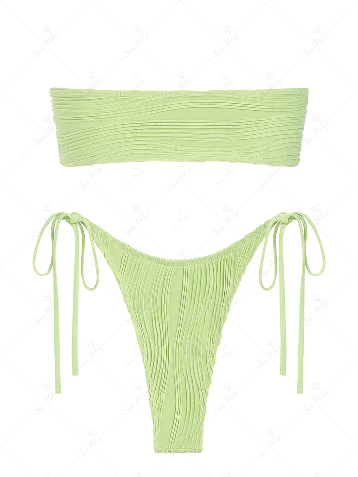 Seamolly Textured Cinched Ruched Tie  Bandeau Bikini Set