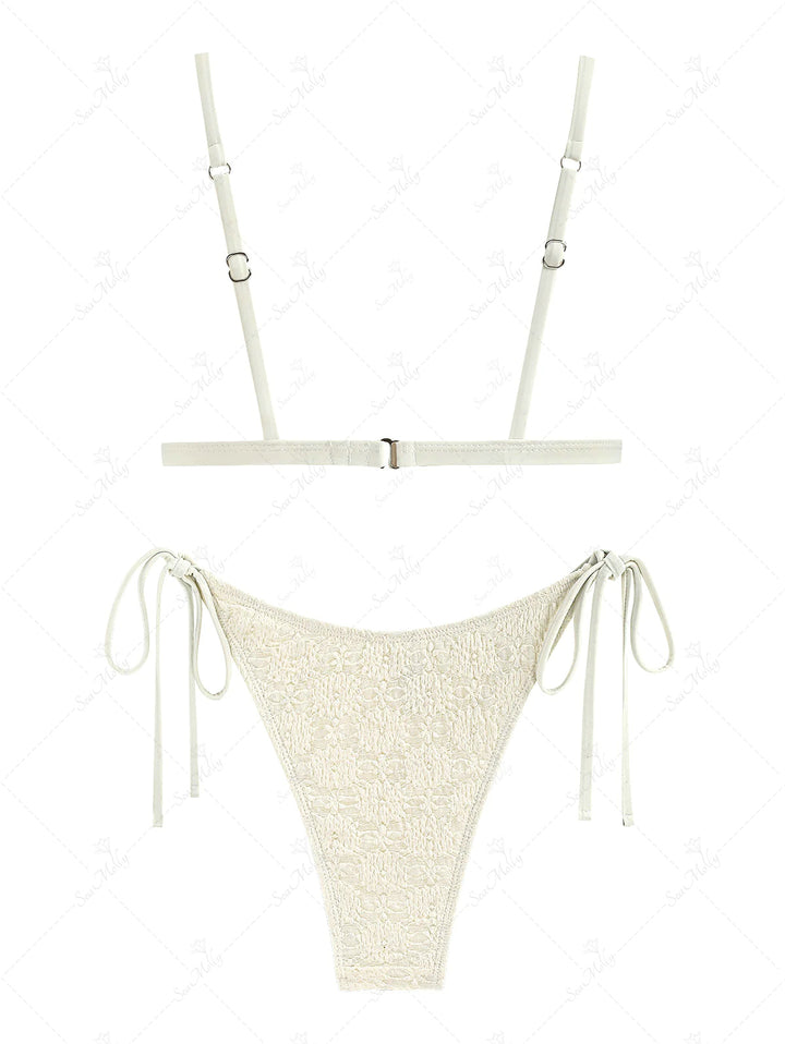 Tie Side Lace Overlay Tanga Triangle Bikini Set