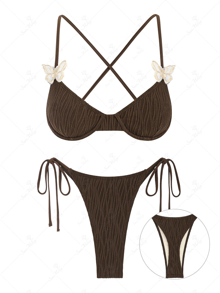 Textured Butterfly Applique Spaghetti Strap Underwire Bikini Set