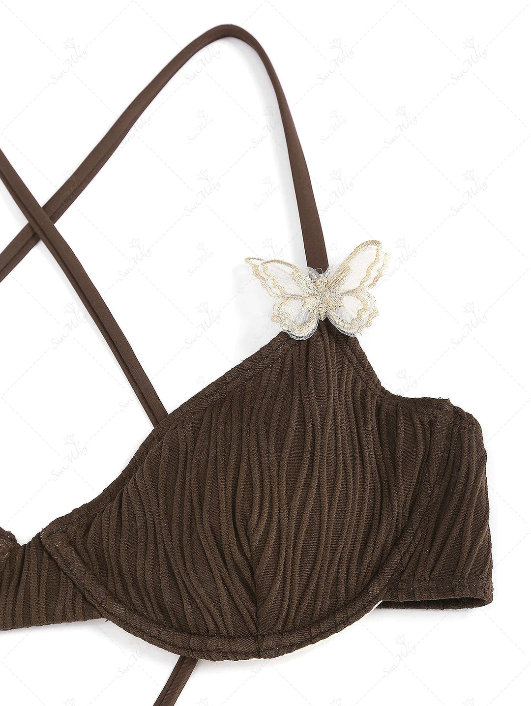 Textured Butterfly Applique Spaghetti Strap Underwire Bikini Set