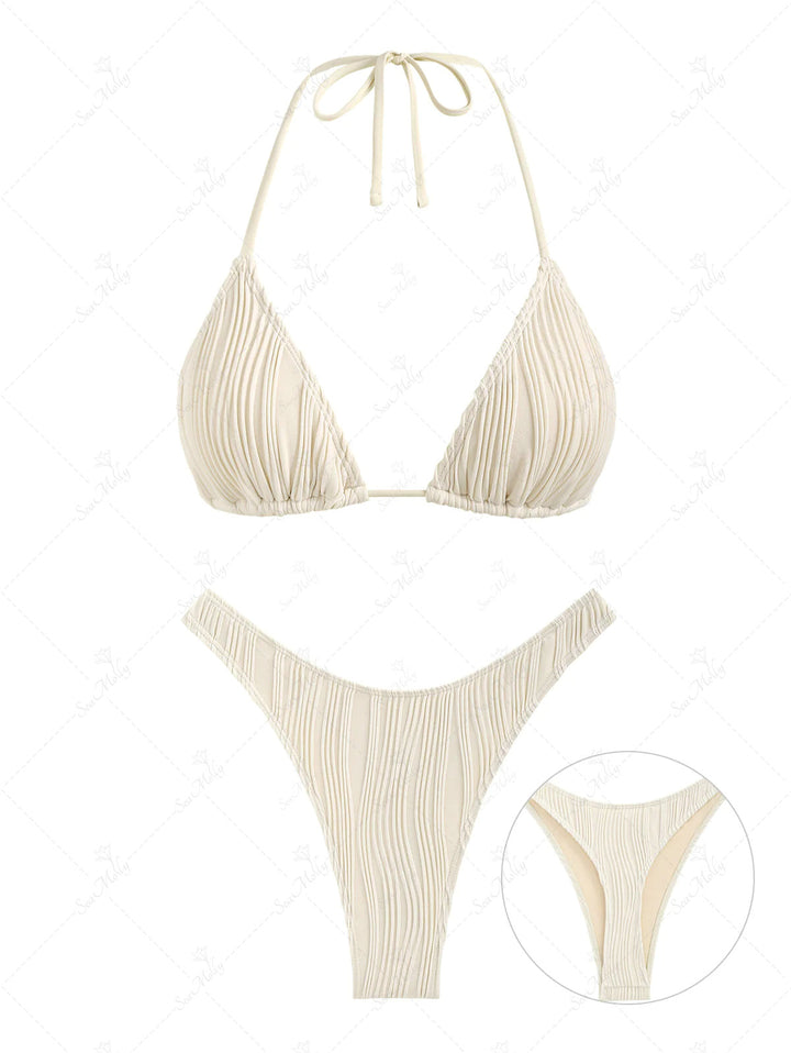 Seamolly Textured Halter Triangle Thong Bikini Set