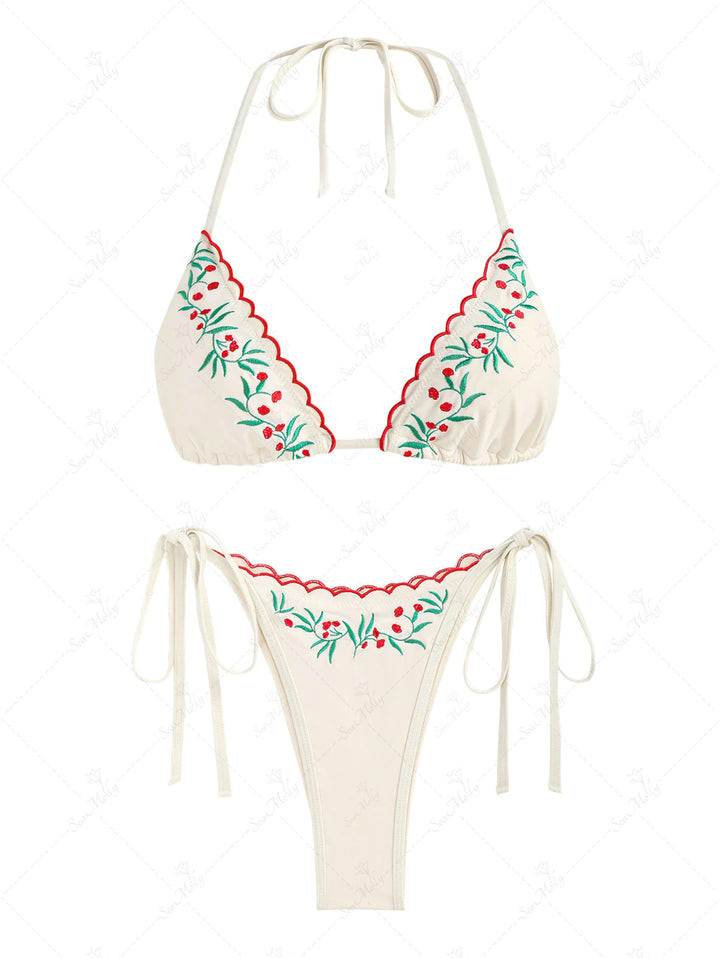 Seamolly Embroidery Scalloped Triangle Tie Tanga Bikini Set