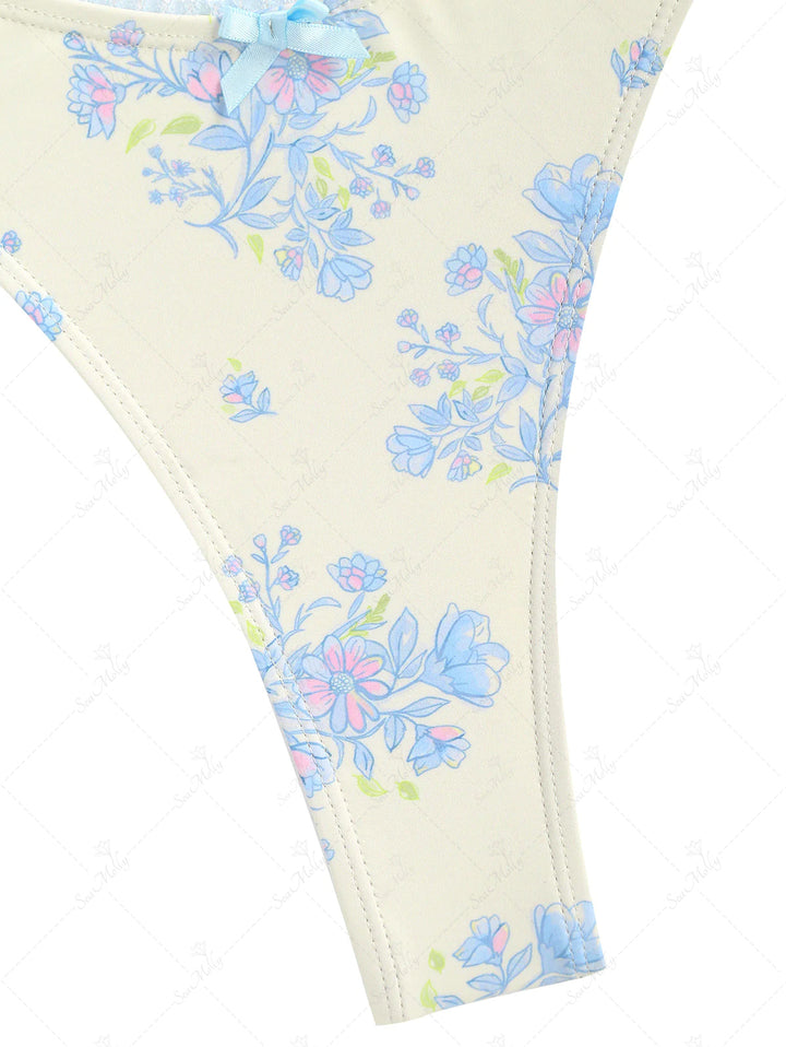 Seamolly Tiny Blue Floral Ruched Bow Bandeau Thong Bikini Set