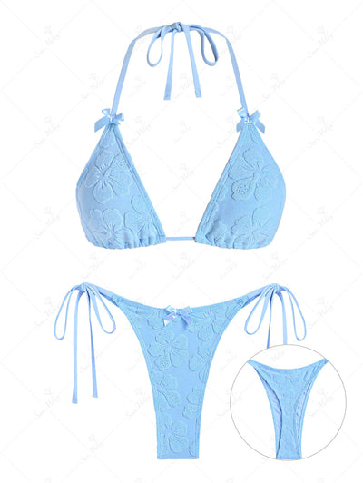 Seamolly Floral Terry Jacquard Bowknot Triangle String Thong Bikini Set