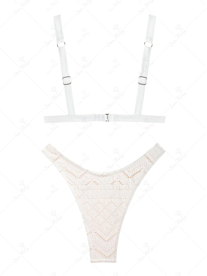 Seamolly Recycled Fabric Eyelet Triangle Textured Plunging Neck Cheeky Bikini Set