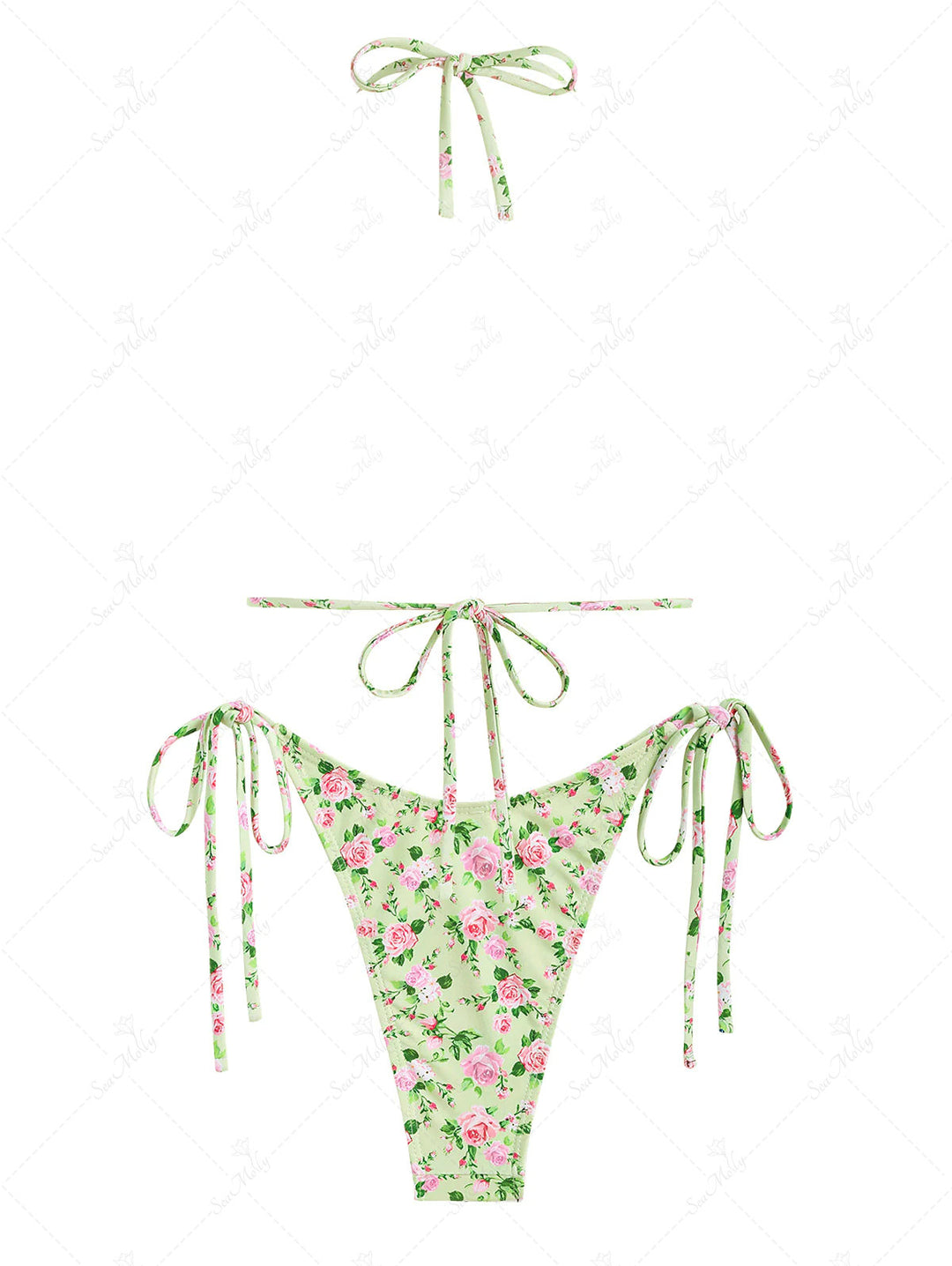 Bow Decor Tiny Floral Halter Tanga Tie Side String Triangle Bikini Set