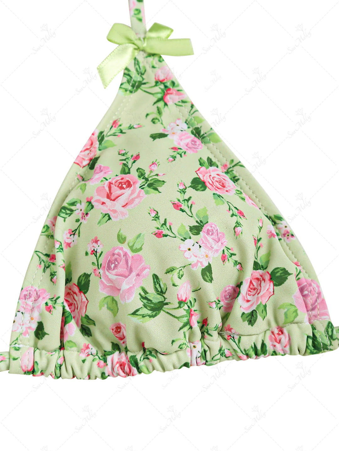 Bow Decor Tiny Floral Halter Tanga Tie Side String Triangle Bikini Set