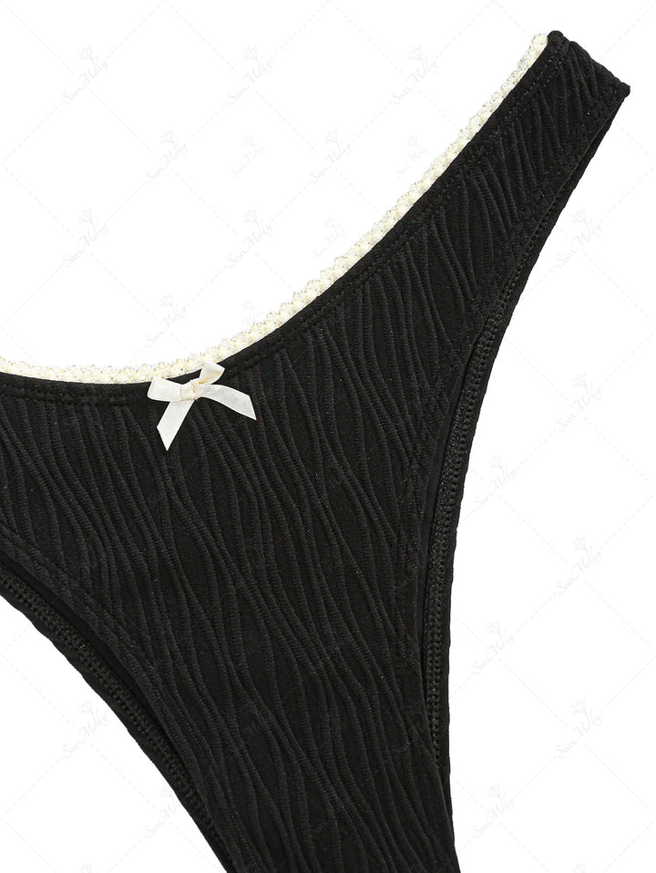 Seamolly Wave Textured Lace Trim Bow High Leg Cheeky Bikini Set