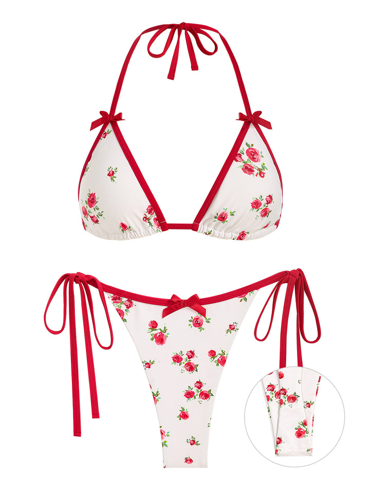 Seamolly Floral Rose Bow Halter Tie Side Triangle Tanga Thong Bikini Set