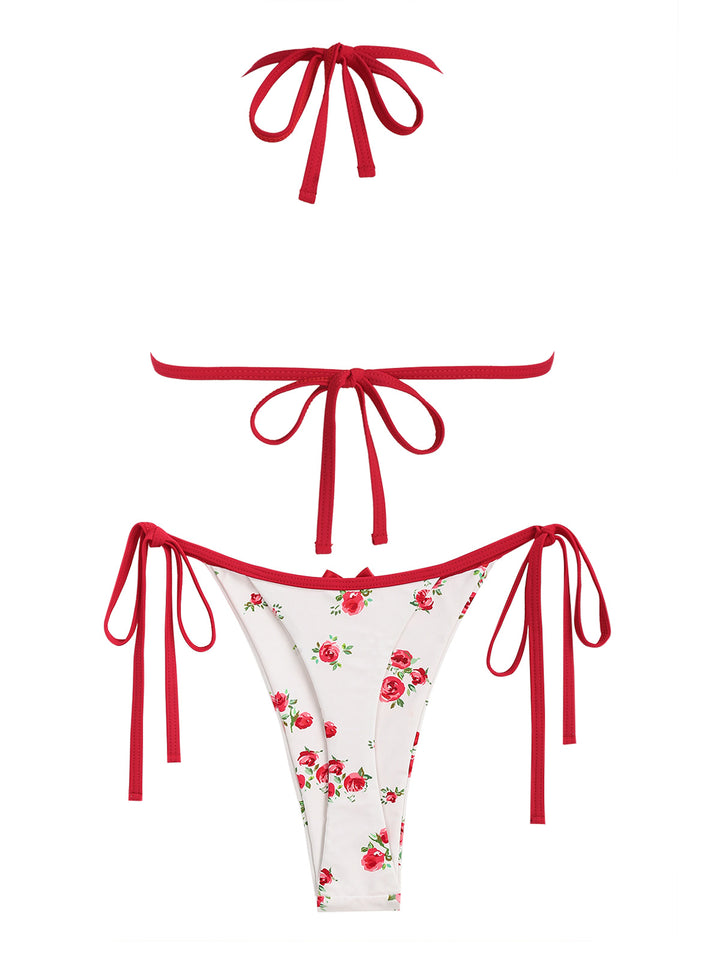 Seamolly Floral Rose Bow Halter Tie Side Triangle Tanga Thong Bikini Set