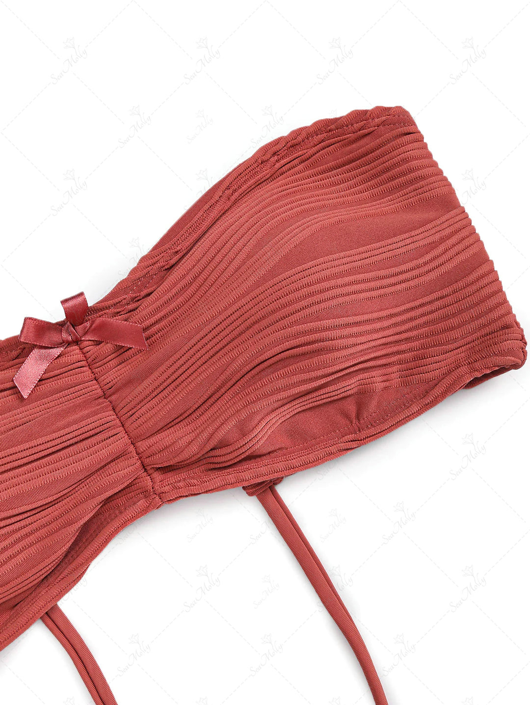Textured Bow Decor Lace Up Bandeau Thong Bikini Set