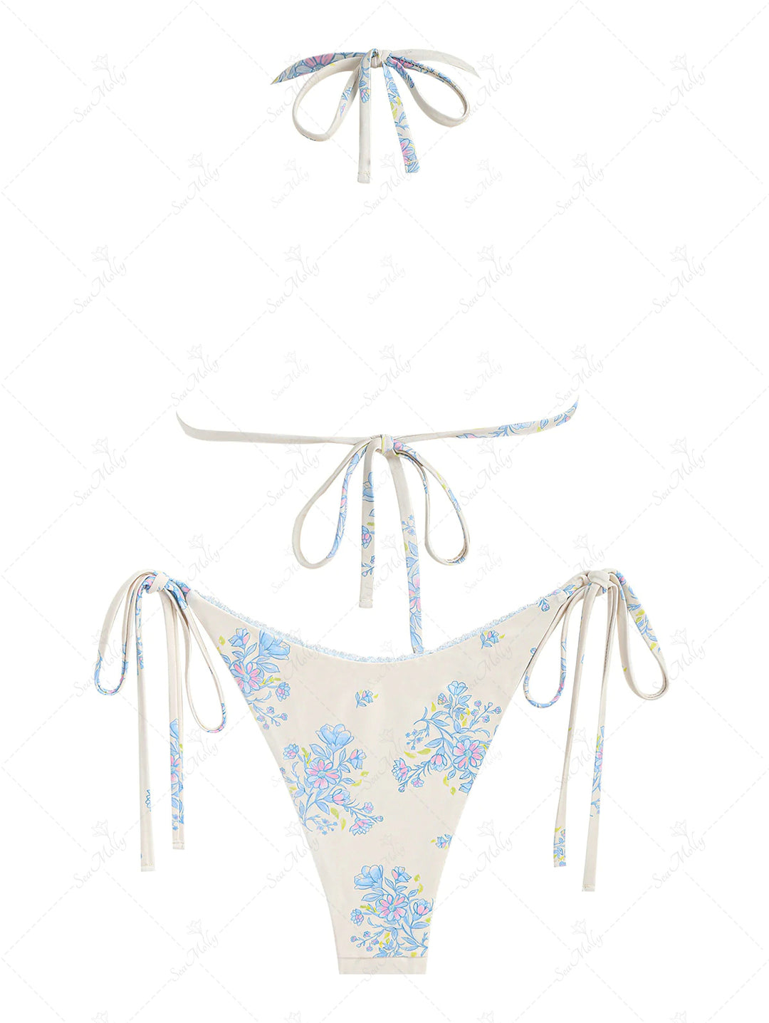 Seamolly Tiny Blue Floral Bow Tie Triangle Tanga Bikini Set
