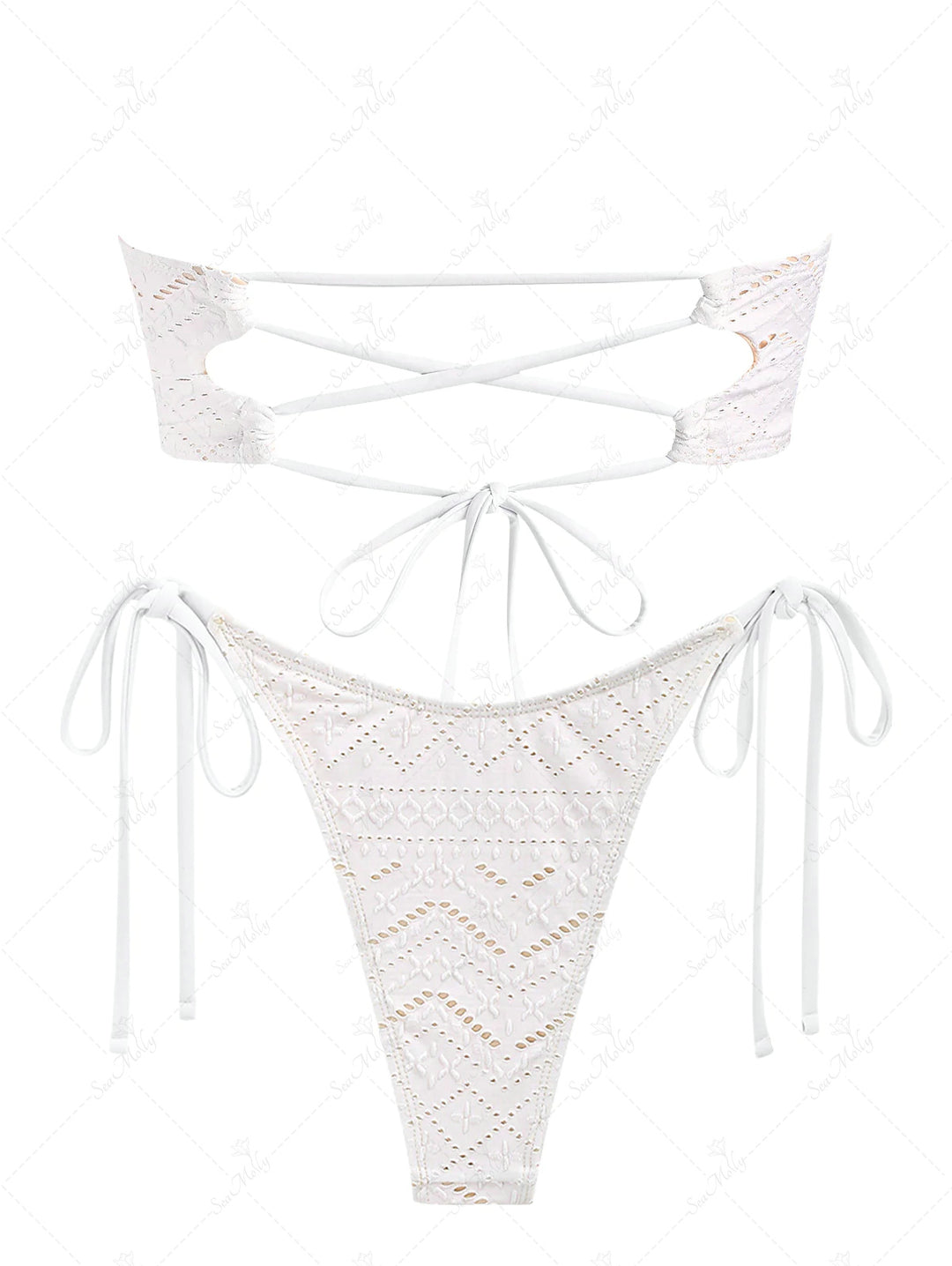 Seamolly Recycled Fabric Openwork Jacquard Ruched Bandeau Tie Tanga Bikini Set