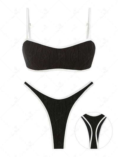 Textured Contrast Piping Colorblock Thong Bikini Set Swimwear
