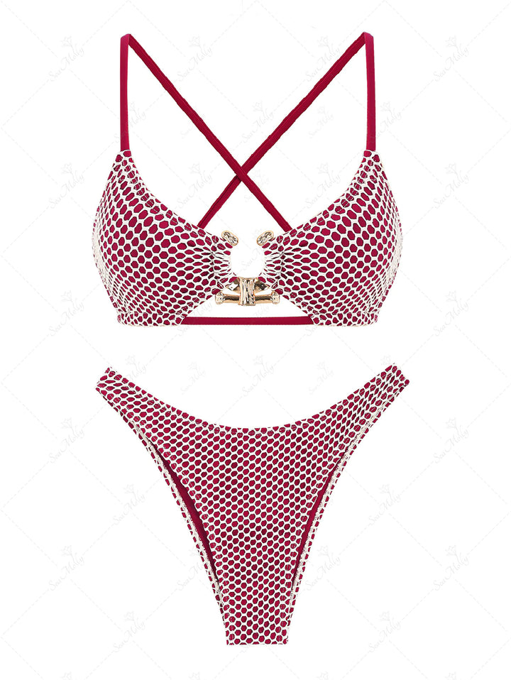 Seamolly Metallic Net Metal Decor Criss Cross Cheeky Bikini Set