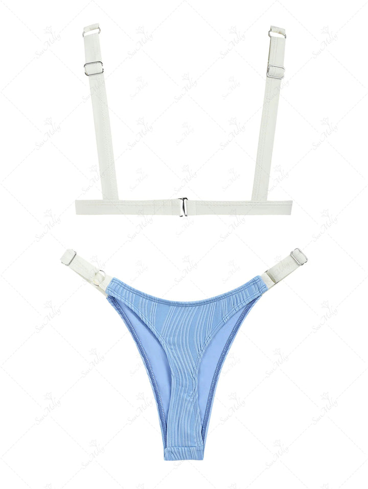 Wave Textured Contrast Piping Thong Bikini Set