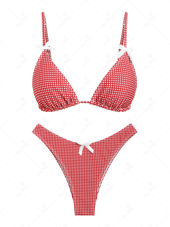 Seamolly Red Gingham Bow Decor Triangle Bikini Set