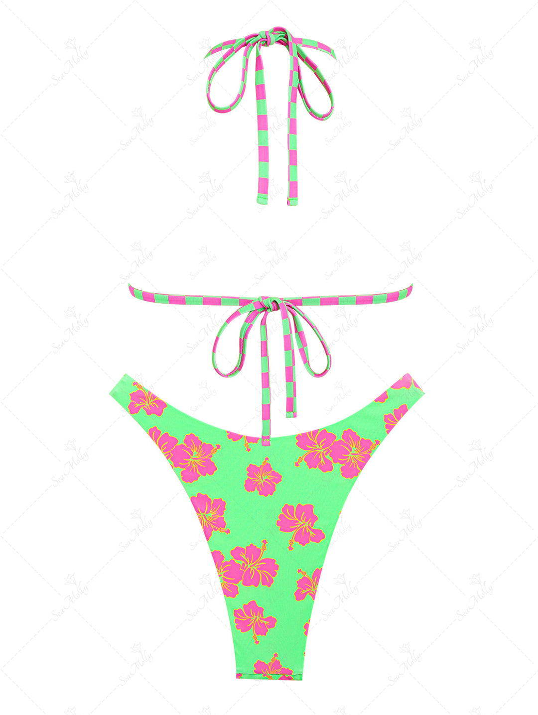 Seamolly Floral Checkerboard Halter Tied Reversible Triangle Neon Bikini Set