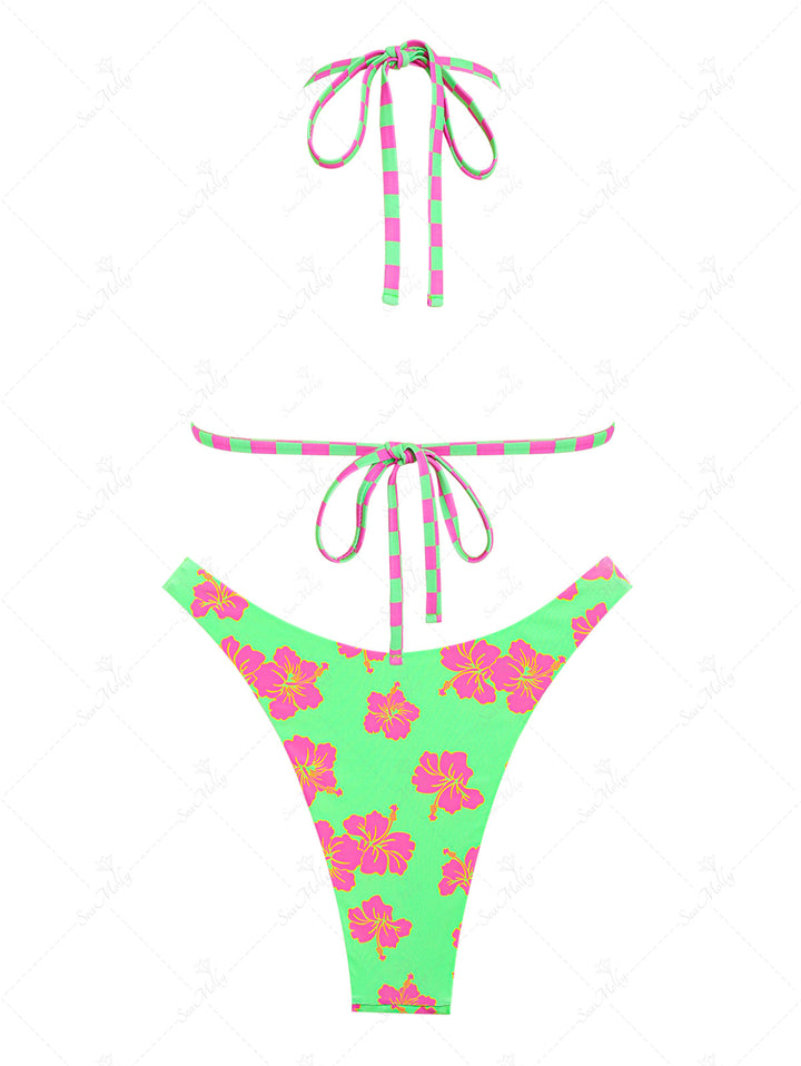 Seamolly Floral Checkerboard Halter Tied Reversible Triangle Neon Bikini Set