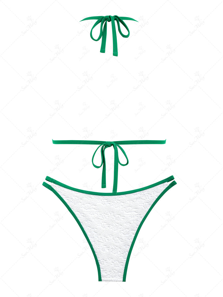 Crinkle Textured Contrast Piping Halter Tie Triangle Bikini Set