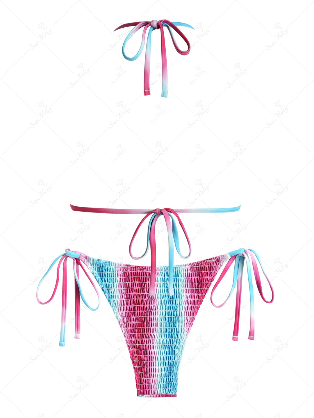 Seamolly Ombre Tie Dye Shirred Smocked Triangle Tie Side Tanga Bikini Set