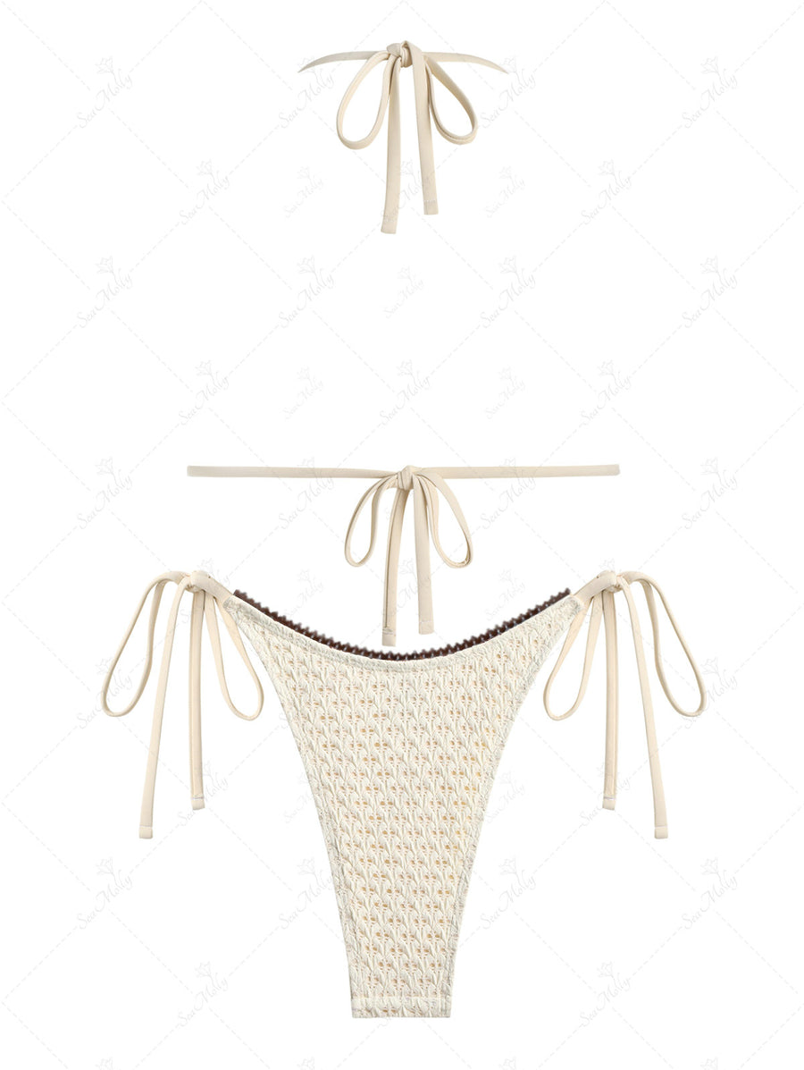 Seamolly Vintage Embroidered Scalloped Edge Halter Triangle Bikini Set