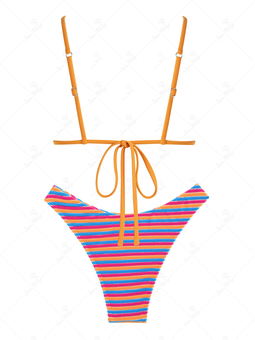 Flocking Textured Colorful Stripes Cinched Ruched Design Bikini Set