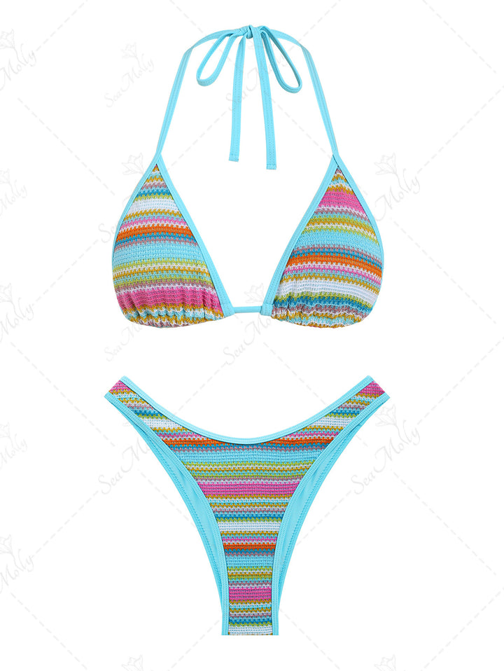 Seamolly Colorblock Stripes Triangle Halter Tied Bikini Set