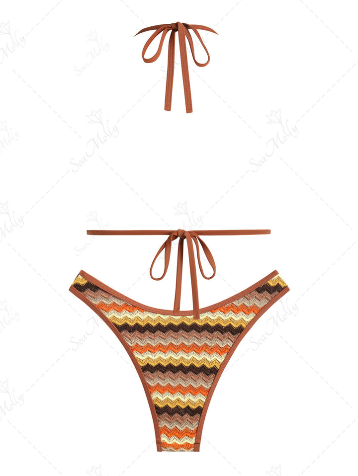 Seamolly Zig Zag Jacquard Textured Halter Tied Triangle Bikini Set