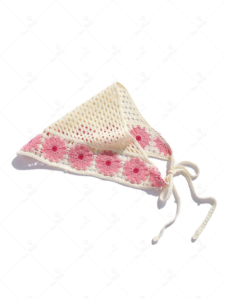 Handmade Tied Floral Crochet Knitted Hair Bandana Triangle Headband Hair Scarf