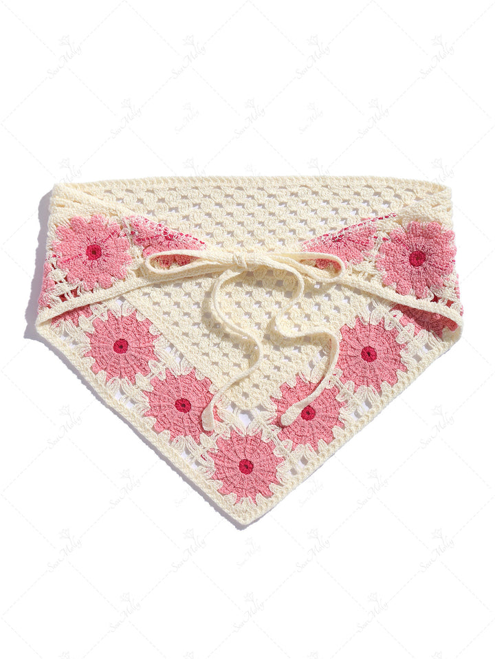 Handmade Tied Floral Crochet Knitted Hair Bandana Triangle Headband Hair Scarf