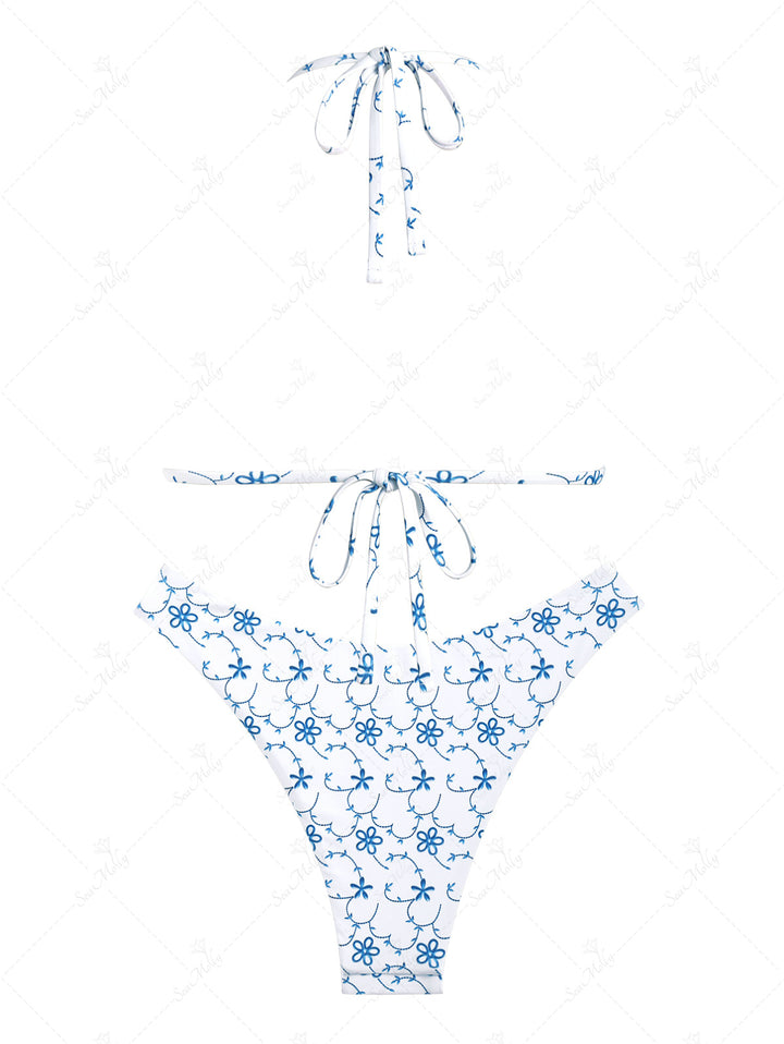 Seamolly Imitation embroidery Printed Bow Decor Halter Tied Triangle Bikini Set