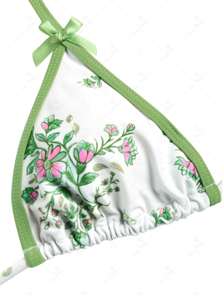 Seamolly Floral Bow Decor Halter Tied Triangle Cheeky Bikini Set