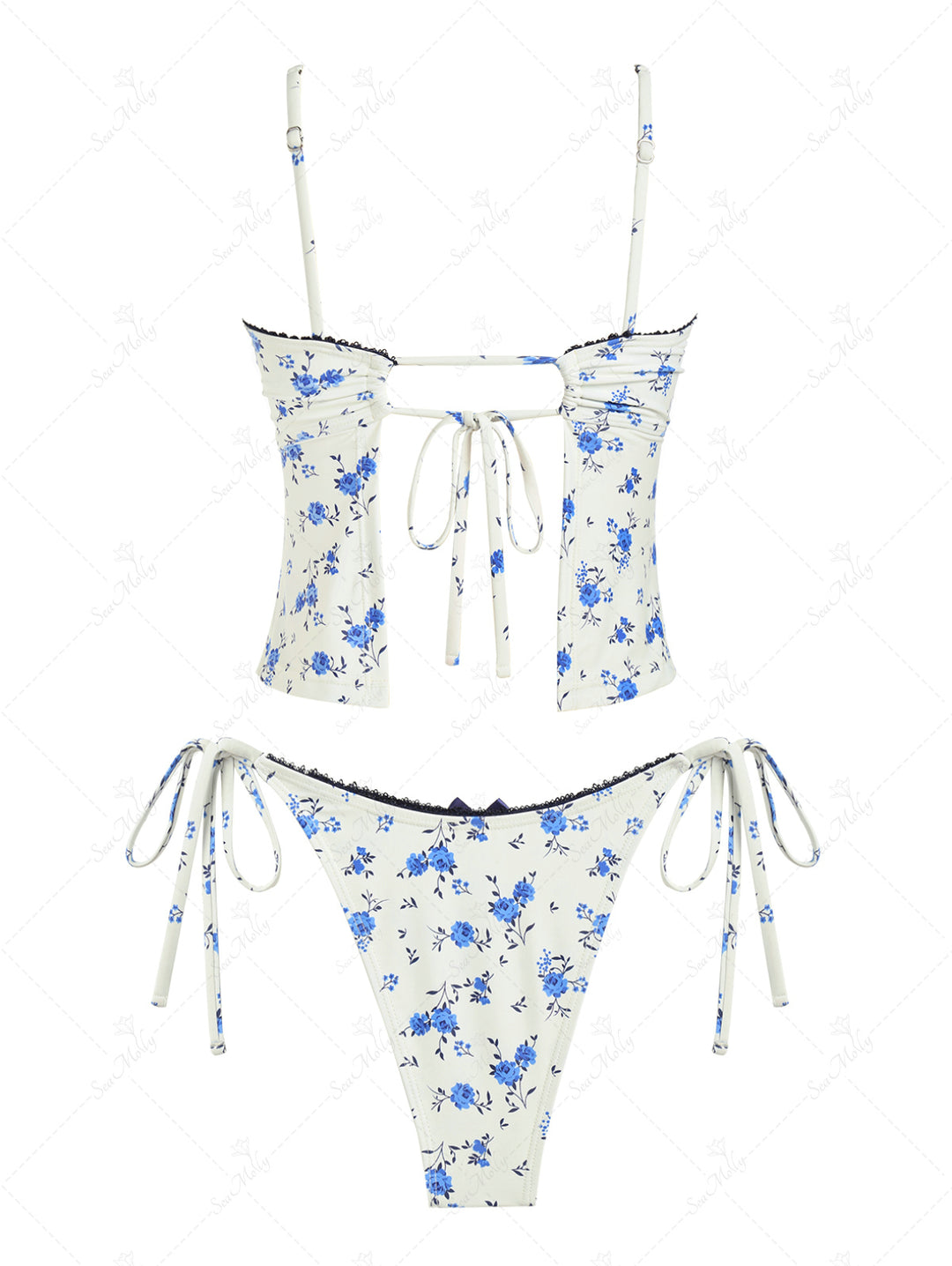 Seamolly Floral Cinched Back Bow Decor Tie Side Tankini Set